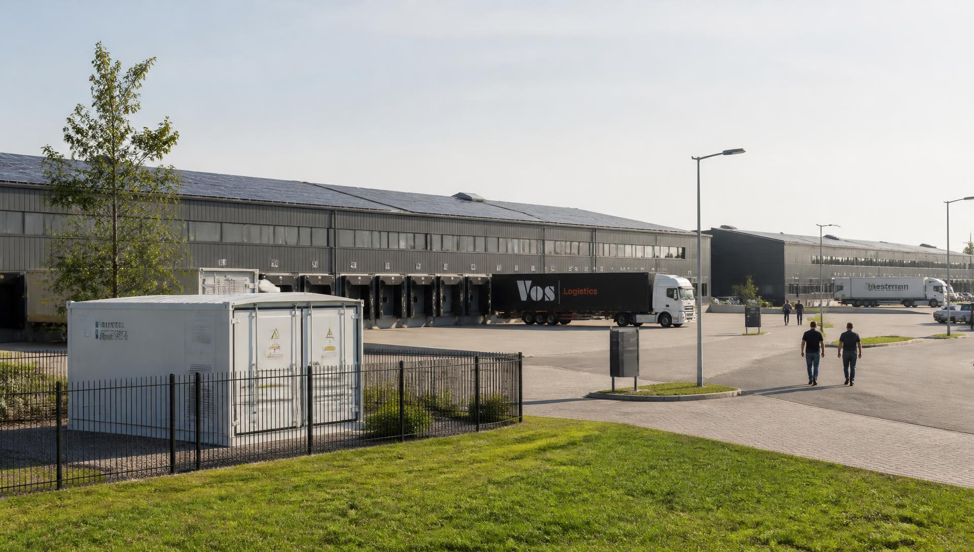 Nederlands bedrijventerrein in helder ochtendlicht met zonnepanelen op platte daken en laaddocks